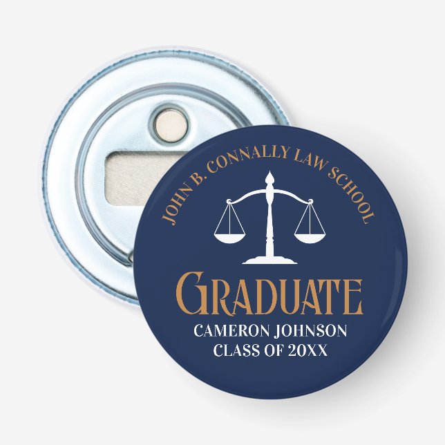 Navy Blue Gold Law School Graduation Keepsake Bottle Opener (Front)