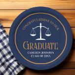 Navy Blue Gold Law School Graduation Party Paper Plate<br><div class="desc">This chic navy blue and gold custom law school graduation party paper plate features classy typography for a class of 2025 graduate. Customize with your graduating year under the white scales of justice for this great personalized lawyer or attorney gift of congratulations.</div>