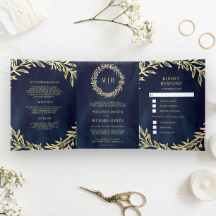 Navy Blue Gold Leaf Branch All in One Wedding Tri-Fold Invitation