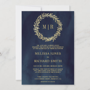 Navy Blue Gold Leaf Branch QR Code Wedding Invitation