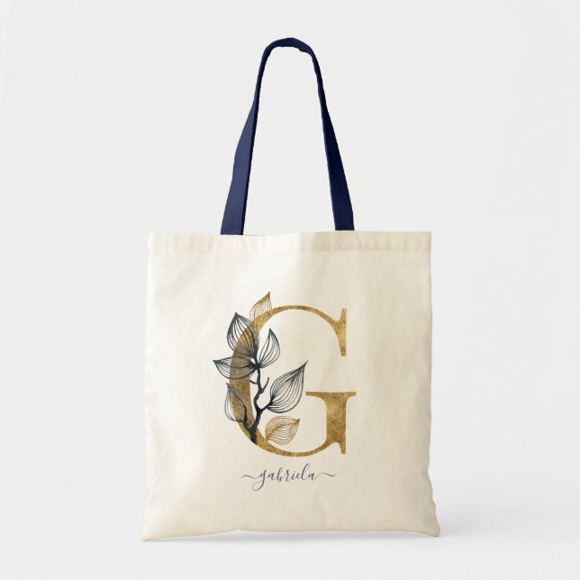 Navy Blue Gold Leaf Modern Monogram Letter "G" Tote Bag (Front)