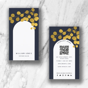 Navy Blue Gold Leaves Modern Arch QR Code Business Card