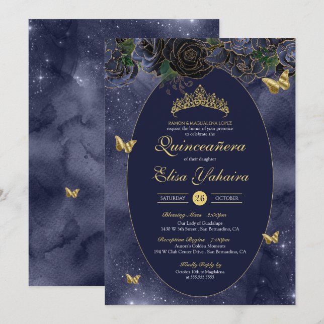 Navy Blue Gold Luxury Butterfly Quinceanera Invitation (Front/Back)