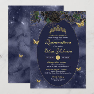 Navy Blue Gold Luxury Butterfly Quinceanera Invitation