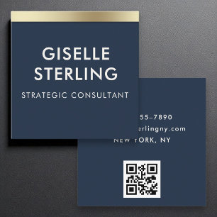 Navy Blue Gold Luxury QR Code Minimal Typography Square Business Card
