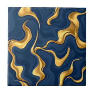 Navy Blue Gold Marble Abstract Luxury Swirl Tile