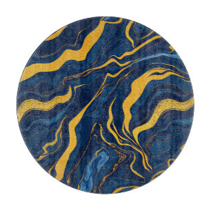 Navy Blue Gold Marble Abstract Luxury Topographic  Cutting Board