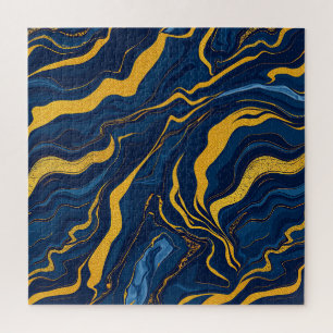 Navy Blue Gold Marble Abstract Luxury Topographic  Jigsaw Puzzle