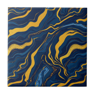 Navy Blue Gold Marble Abstract Luxury Topographic Tile