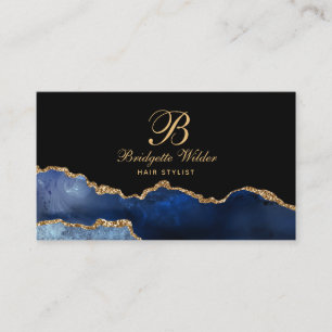 Navy Blue Gold Marble Agate Hair Stylist Business  Business Card