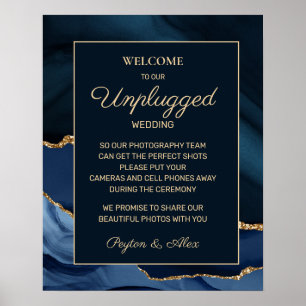 Navy Blue Gold Marble Agate Unplugged Wedding Poster