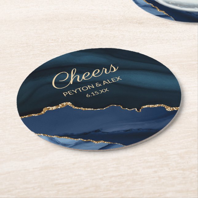Navy Blue Gold Marble Agate Wedding Reception Round Paper Coaster (Angled)