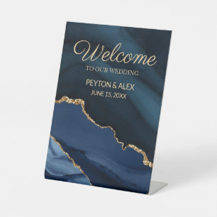 Navy Blue Gold Marble Agate Wedding Welcome Pedestal Sign
