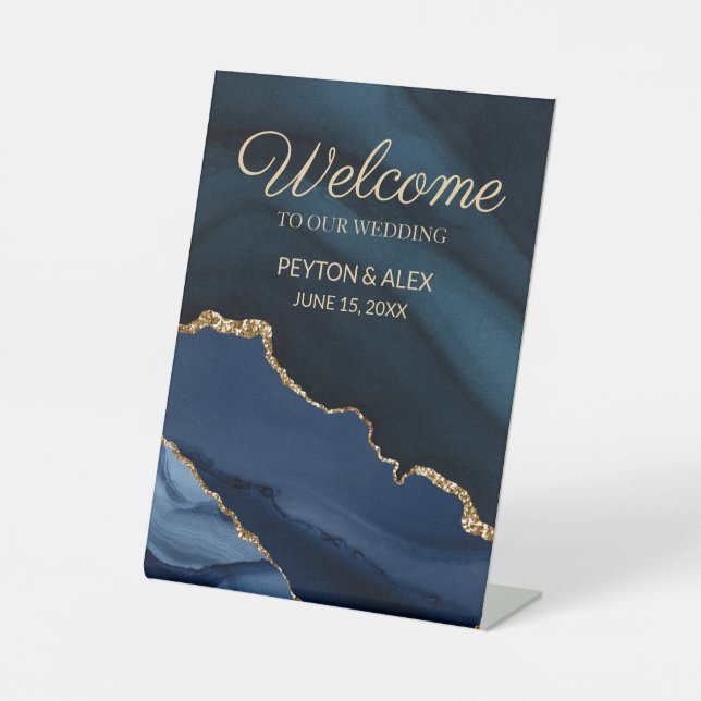 Navy Blue Gold Marble Agate Wedding Welcome Pedestal Sign (Front)