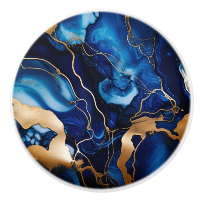 Navy Blue Gold Marble Alcohol Ink Abstract Ceramic Knob (Front)