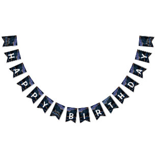 Navy Blue Gold Marble Birthday Bunting Flags