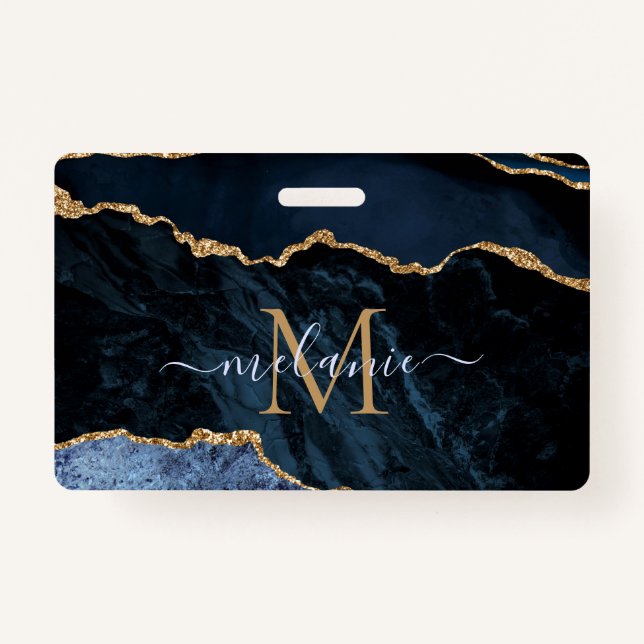Navy Blue Gold Marble Custom Letter Name Badges (Front)