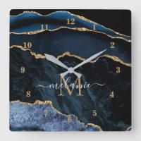 Navy Blue Gold Marble Custom Letter Name Clock