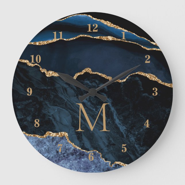 Navy Blue Gold Marble Custom Letter Wall Clock (Front)