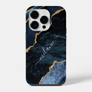 Navy Blue Gold Marble Custom Name iPhone Case