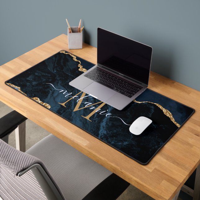Navy Blue Gold Marble Custom Name Letter Desk Mat (Office 2)
