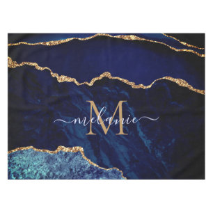 Navy Blue Gold Marble Custom Name Tablecloth