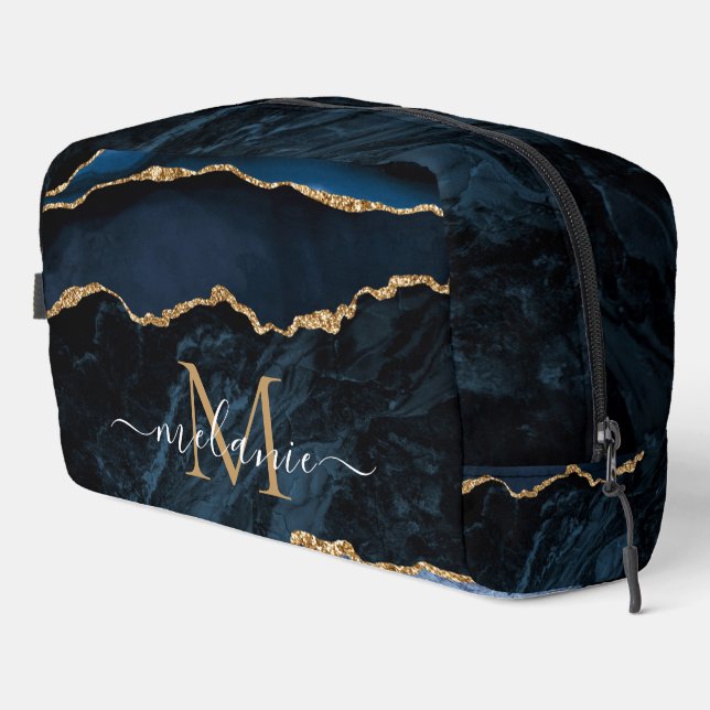 Navy Blue Gold Marble Custom Your Letter and Name Dopp Kit (Right Corner)