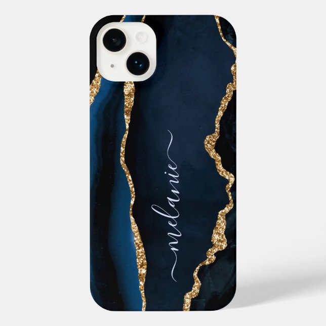 Navy Blue Gold Marble Custom Your Name iPhone Case (Back)