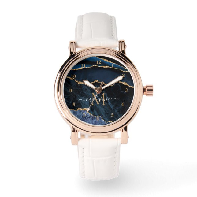 Navy Blue Gold Marble Custom Your Name Watch (Front)