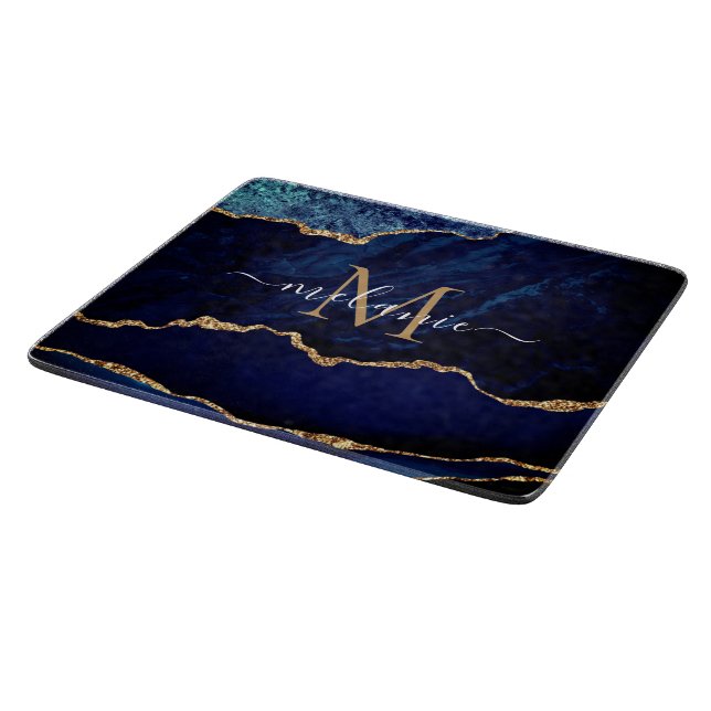 Navy Blue Gold Marble Cutting Board Monogarm Name (Corner)