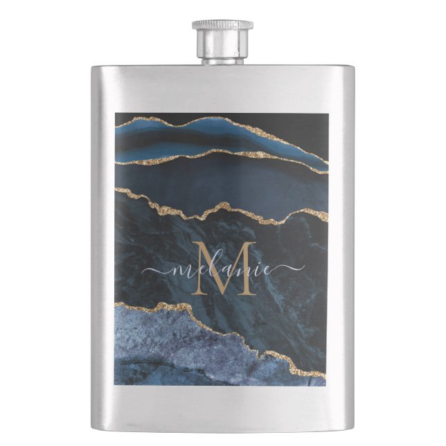 Navy Blue Gold Marble Flask Personalized (Front)