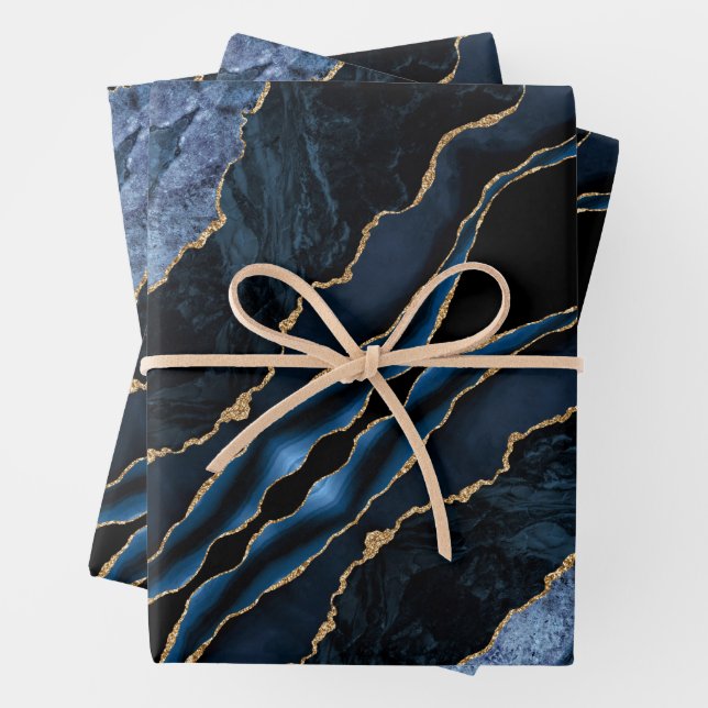 Navy Blue Gold Marble Gift Wrapping Paper Sheets (In situ)