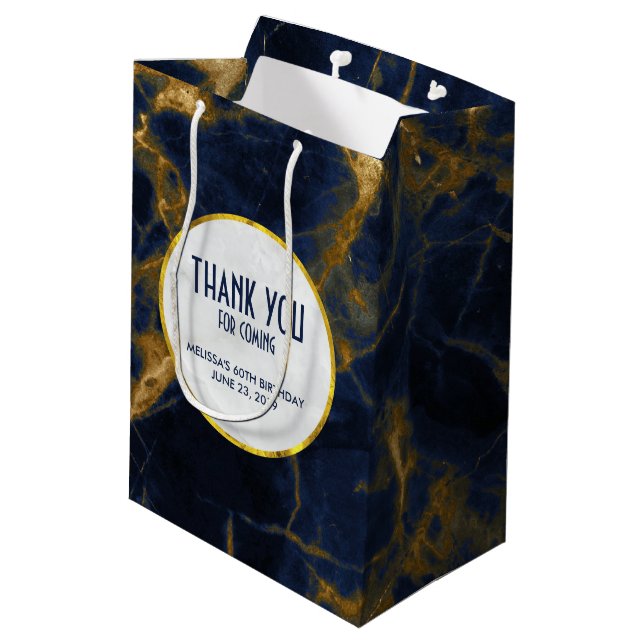 Navy Blue & Gold Marble Modern Birthday Thank You Medium Gift Bag (Back Angled)
