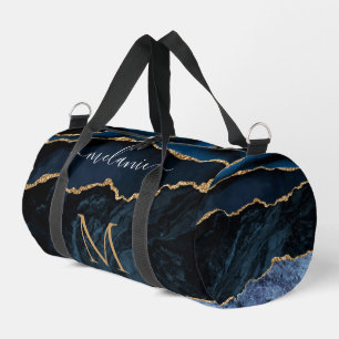 Navy Blue Gold Marble Monogram Custom Your Name Duffle Bag