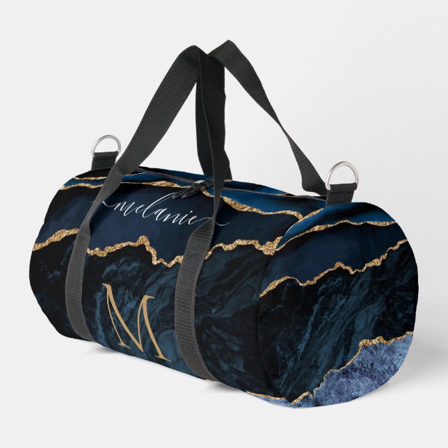 Navy Blue Gold Marble Monogram Custom Your Name Duffle Bag (Left Corner)