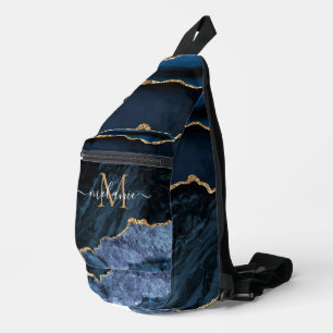 Navy Blue Gold Marble Monogram Letter Custom Name Sling Bag