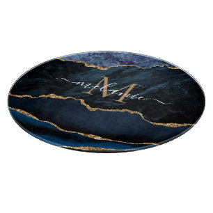Navy Blue Gold Marble Monogram Name Cutting Board