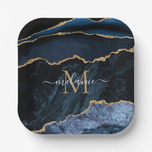 Navy Blue Gold Marble Monogram Name Paper Plates
