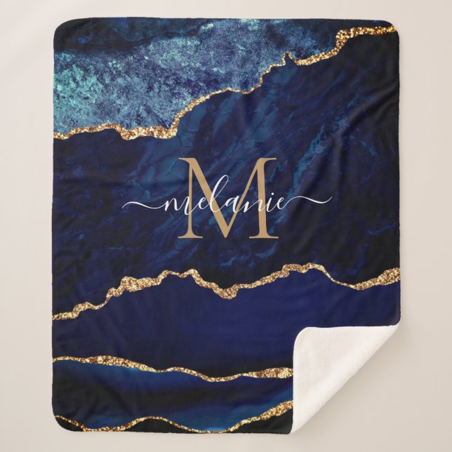 Navy Blue Gold Marble Monogram Name Sherpa Blanket (Front)