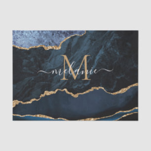 Navy Blue Gold Marble Monogram Name Tissue Paper