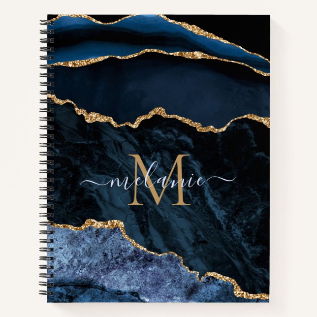 Navy Blue Gold Marble Notebook Custom Name Letter (Front)