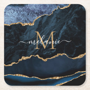 Navy Blue Gold Marble Paper Coaster Monogram Name