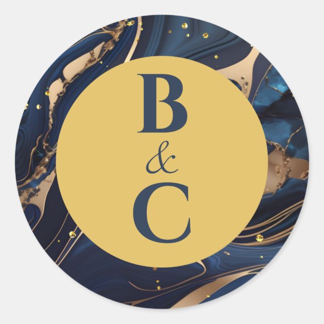 Navy Blue & Gold Marble Stickers with Initials (Front)