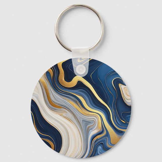 Navy Blue Gold Marble Swirls Keychain (Front)