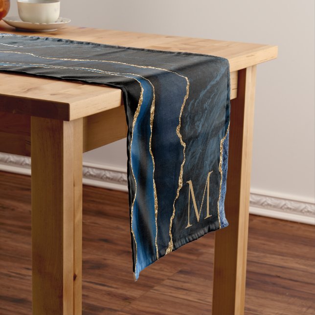 Navy Blue Gold Marble Table Runner Add Letter Name (In Situ)