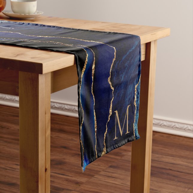 Navy Blue Gold Marble Table Runner Customized (In Situ)