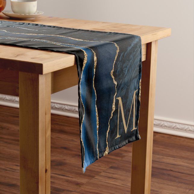 Navy Blue Gold Marble Table Runner Personalized (In Situ)
