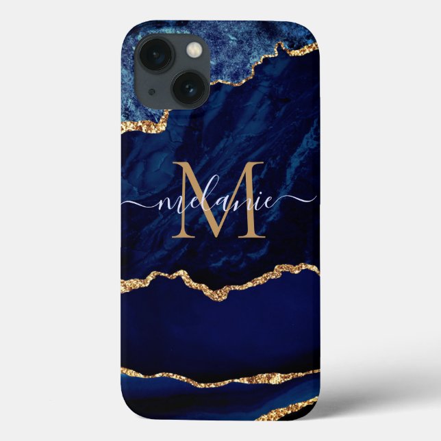 Navy Blue Gold Marble Your Letter Name iPhone Case (Back)