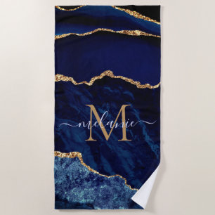 Navy Blue Gold Marble Your Name Letter Beach Towel