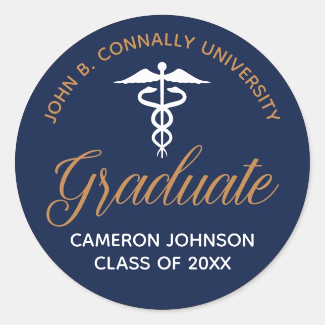 Navy Blue Gold Medical School Graduation Keepsake Classic Round Sticker (Front)
